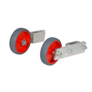 Stufenstehleiter einseitig begehbar mit Bügel, Transportrollen und Aussteifungsstreben