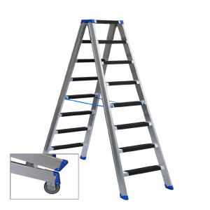 Stufenstehleiter beidseitig begehbar mit Transportrollen, Aussteifungsstreben und Antirutschbelag