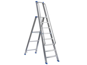 Stufenstehleiter einseitig begehbar mit Bügel und beidseitigem Handlauf