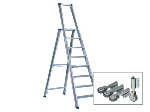 Stufenstehleiter einseitig begehbar mit Bügel, Federdruckrollen und Aussteifungsstreben