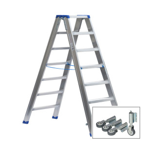 Stufenstehleiter beidseitig begehbar mit Federdruckrollen und Aussteifungsstreben