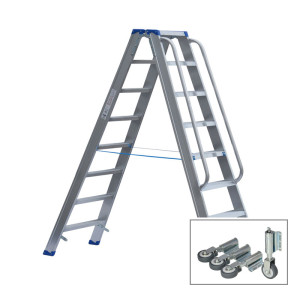 Stufenstehleiter beidseitig begehbar mit Federdruckrollen und Aussteifungsstreben und Handlauf links und rechts auf einer Seite und Antirutschbelag